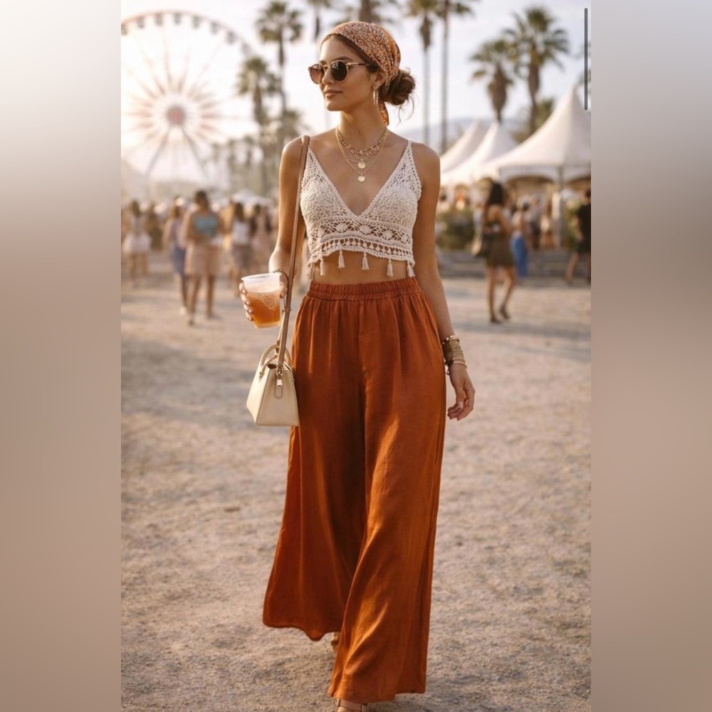 Forever 21 Rust Wide-Leg Linen Blend Pants